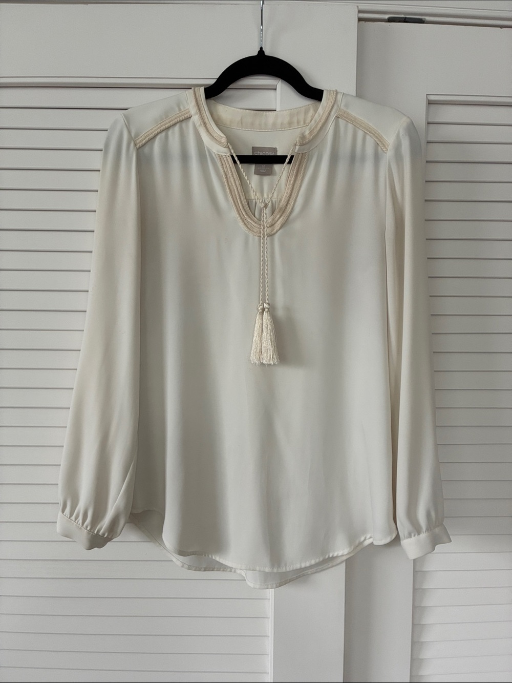 Chico's Ivory Tassel V-Neck Blouse